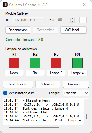 Fenêtre de Calibrex4 Control : connexion au module et commande des 4 lampes