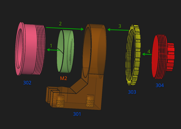 01- Assembler les pièces n°301, 302, 303 et 304 ensemble, avec le miroir M1.