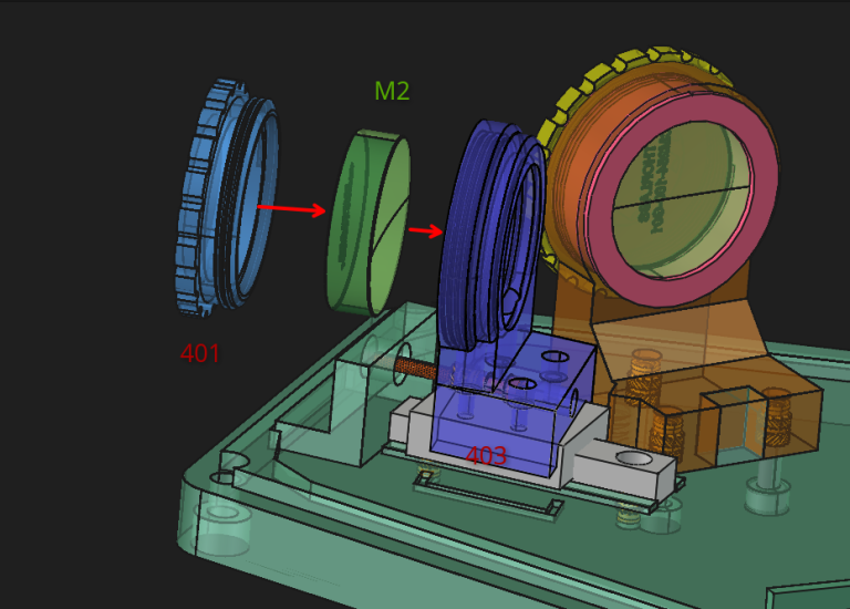 07- Visser la vis plastique n°401 de serrage sur miroir M2 dans le support de n°403