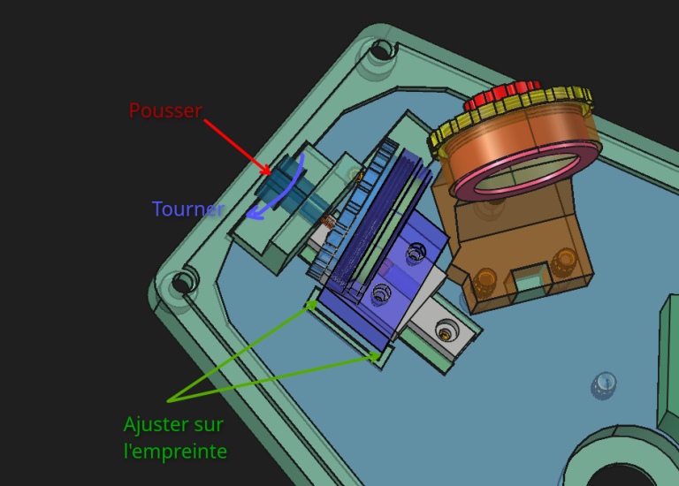 09- Tourner l'axe de motorisation (n°404) tout en maintenant l'axe contr son support pour ajuster la base de M2 (n°403) alignée par rapport à l'empreinte sur la base optique (n°101)