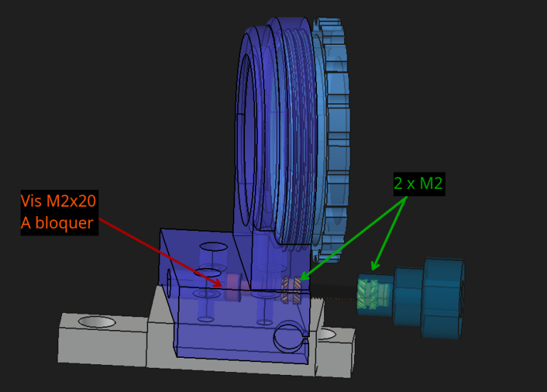 04- installer 2 Inserts de M2, 1 en entrée du 403_Chariot_roulement_bille.STL et un autre au bout de 404_axe_moteur_mise_point.STL